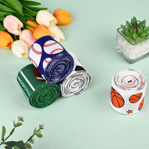 4 Rolls 20 Yards Sports Themed Wired Edge Ribbon, 2.5" Football Baseball Basketball Soccer Printed Burlap Ribbon for Birthday Sports Camp Party De...