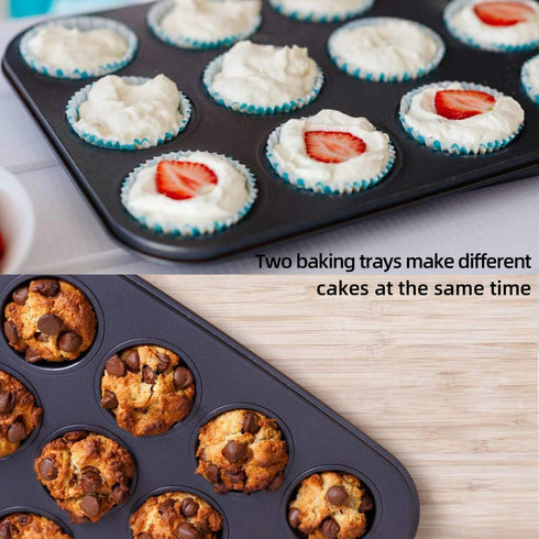 Muffin Pan, 12 Cupcake Pan, 2 Sets of Nonstick Brownie Bakeware Muffin Tin, Cupcake Tray, Baking Pan for Kitchen Oven, Black 13.9 x 10.5 x 1.2 inc...
