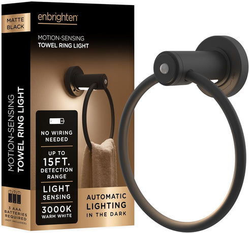 Enbrighten Towel Ring, Motion Sensing, Night Light, Battery Operated, Hand Towel Holder/Hanger for Bathroom, Kitchen, Matte Black, 79181...