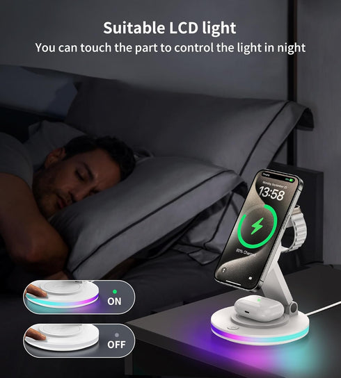 3 in 1 Mag-Safe Charger Stand, Magnetic Foldable Wireless Charging Station for Apple, Rotating & Light Adjust, Compatible with iPhone 15/14/13/12 ...