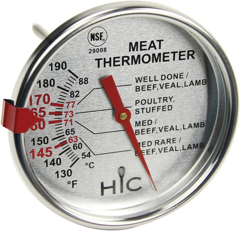 HIC Kitchen Roasting Meat Thermometer, Oven Safe, Large 3-Inch Easy-Read Face, Stainless Steel Stem and Housing...