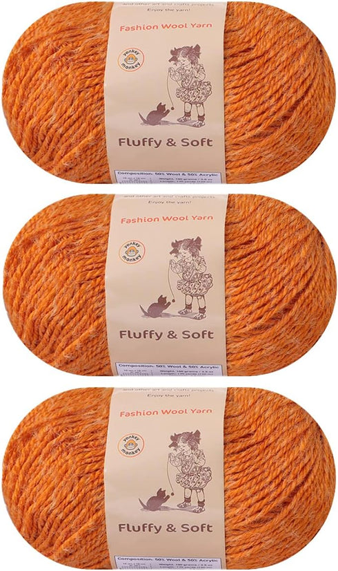 3-Pack Fluffy Wool Blend by Yonkey Monkey. Knitting Crochet DIY Art Crafts (Tan Orange 033)......
