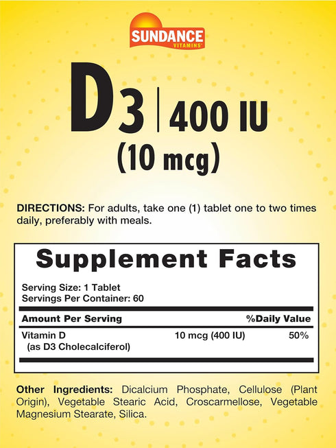 Sundance Vitamin D3 400 IU (10 mcg) | 60 Vegetarian Tablets | Essential Vitamin Supplement | Vegetarian, Non-GMO, and Gluten Free Formula...