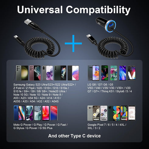 USB C Type C Car Charger Fast Charging for iPhone 15/15 Pro/15 Plus/15 Pro Max, Android Auto USB C Coiled Cable for Samsung Galaxy A05/A05S/A54 5G...