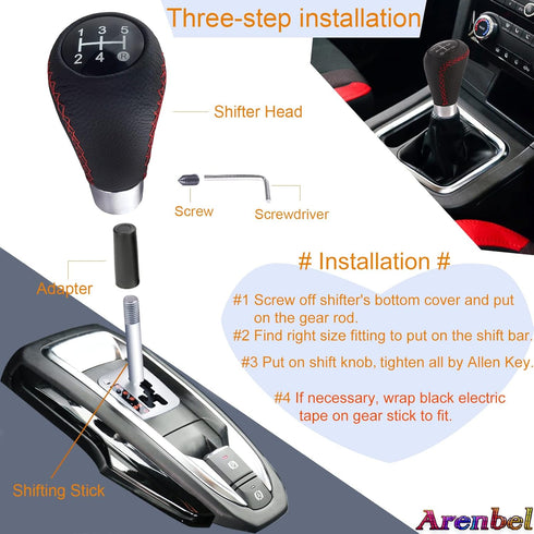 Arenbel Shifter Knobs 5 Speed Car Gear Stick Leather Shifter Lever Handle Fit Most Manual Vehicle, Black Leather...