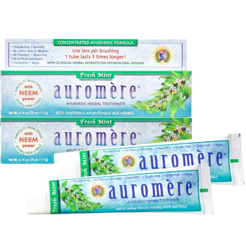 Auromere Ayurvedic Herbal Toothpaste, Fresh Mint - Vegan, Natural, Non GMO, Fluoride Free, Gluten Free, with Neem & Peelu (4.16 oz), 2 Pack...