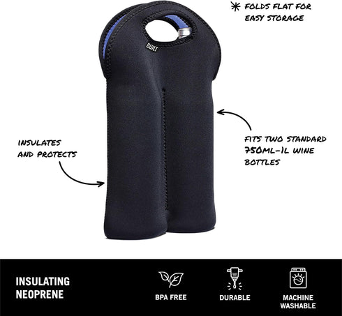 BUILT 2B-BLK 2-Bottle Stain Resistant Neoprene Wine/Water Bottle Carry Tote, Black...