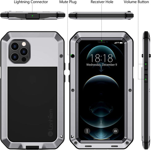 Lanhiem for iPhone 12 Pro Max Metal Case, Heavy Duty Shockproof Tough Rugged Case with Built-in Glass Screen Protector, 360 Full Body Dust Proof P...