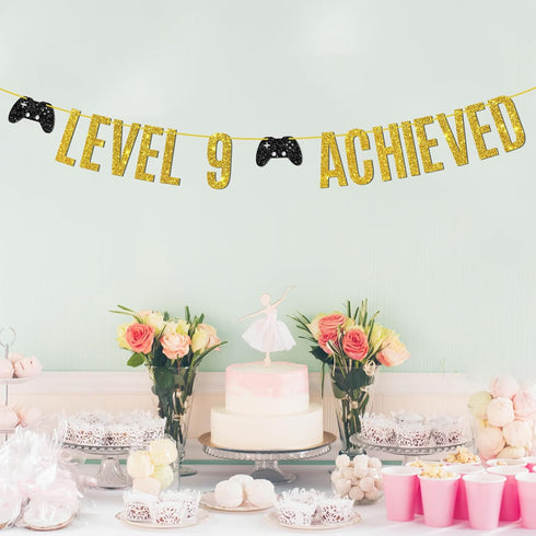 Level 9 Achieved Banner, Game on Level 9 Hanging Sign, Glittery Video Gamer Happy 9th Birthday Party Decorations...