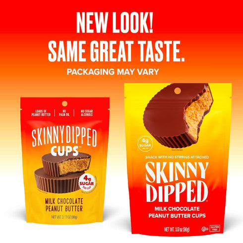SkinnyDipped Milk Chocolate Peanut Butter Cups, 4g Sugar, Low Sugar, Low Carb, Gluten Free, 3.2oz Bag, 4 Pack (24 Cups Total)...