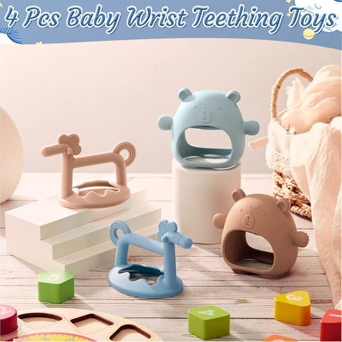 4 Pieces Silicone Teething Toys Bear Baby Teether Toy Anti Dropping Horse Teething Pacifier Baby Chew Toys Chewable Hand Teethers for Sucking Chew...