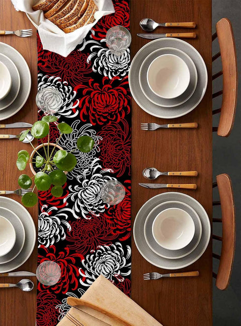 Floral Table Runner-Red Black White Cotton linen-Long 72 inche Dresser Scarves,Flower Tablerunner for Kitchen Coffee/Dining Table Bedroom Home Liv...