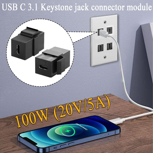 USB C Keystone Jack, Traovien USB 3.1 Type-C Connector Keystone Insert Female to Female, Coupler Type for Wall Plate Outlet Panel-Black(1pcs)...