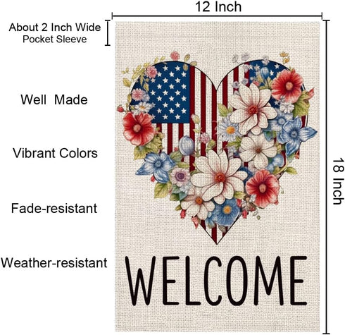 4th of July Patriotic Garden Flag 12x18 Double Sided, American Floral Heart Welcome Burlap Small Yard Flag for Independence Day Outside Decoration...
