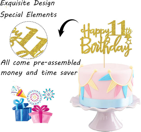 Gold Glitter Happy 11th Birthday Cake Topper - 11 Sign Cake Topper - Cheers to 11 Years Party Supplies - 11th Birthday Party Decoration...
