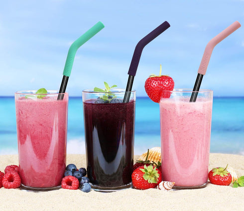 Senneny Set of 5 Stainless Steel Straws with Silicone Flex Tips Elbows Cover, 2 Cleaning Brushes and 1 Portable Bag Included (Black)- 8mm diameter...