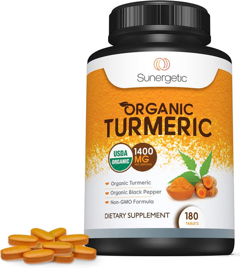 Sunergetic USDA Certified Organic Turmeric Supplement – Includes Organic Turmeric & Organic Black Pepper – 1,400mg of Turmeric per Serving - 180 C...