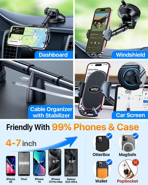 ?Military-Grade Stable Suction? Cell Phone Holder for Car,?Flexible Telescopic Arm? 360° Rotatable Stand Dashboard Windshield Cellphone Mount for ...