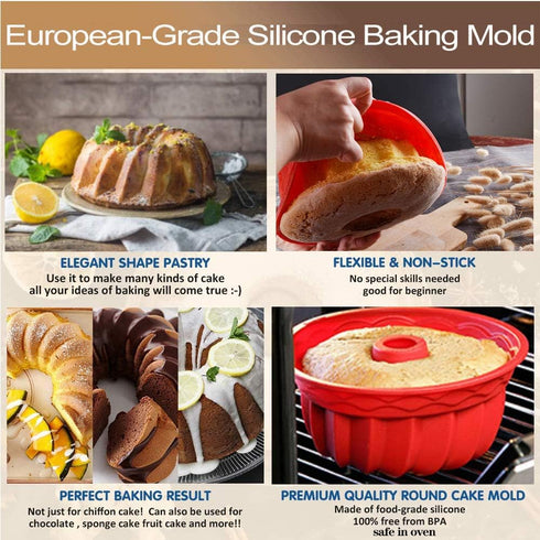 Silicone Fluted Bunte Cake Baking Pan, European-Grade LFGB Top-Level Silicone Round Cake Mold, Non-Stick Cake Pan for Jello,Gelatin,Bread, 9.45 In...