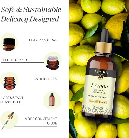 Avatra Lemon Essential Oil for Skin & Aromatherapy | Natural & Undiluted Essential Oil for Diffuser, Household Cleaning | Therapeutic Grade Essent...