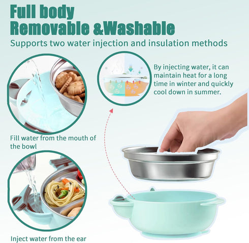 Double-Layer 316 Stainless Steel Baby Bowls with Non-Slip Silicone Suction Cup Insulated Toddler Bowls with Airtight Lids Dinner Plates Set with F...