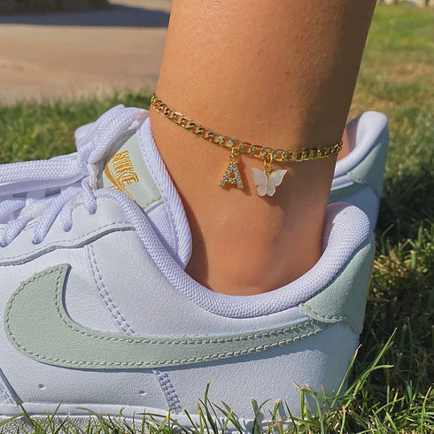 VIROMY 14K Gold Plated Dainty Butterfly Initial Ankle Bracelets Handmade Cuban Chain White Butterfly A-Z Alphabet Letter Initial Anklets Personali...