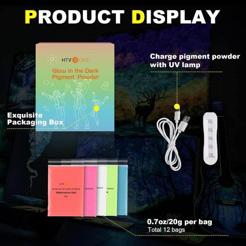 HTVRONT Glow in The Dark Pigment Powder (12 colors, 0.7 oz / 20 g Each), Glow in The Dark Resin Pigment with UV Lamp, Glow in the Dark Mica Powder...