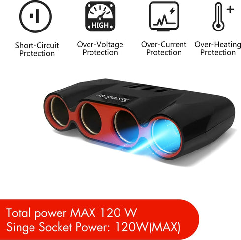 USB Car Charger Splitter Adapter, 120W 12V/24V 4-Socket Cigarette Lighter Adapter with 3pcs USB QC3.0 Car Charger Socket Quick Charge for GPS, Das...