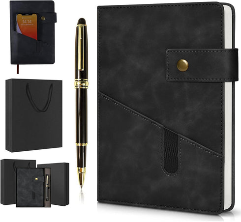 Black A5 Lined Leather Journal Notebook,Personalized Hardcover Journal Set with Pen & Gift Box,100Pages 100gsm Thick Ruled Paper Daily Diary for M...