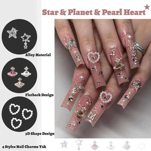 75 PCS Nail Charms Star Planet Nail Art Charms for Acrylic Nails Pearls Heart Nail Art Supplies Crystal Rhinestones Design Nail Gems Y2K Nail Jewe...