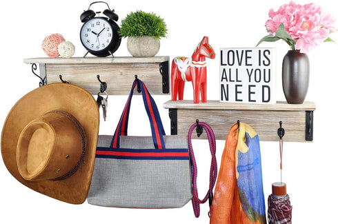 Spiretro Wall-Mounted Coat Hook Rack with Shelf - Set of 2 - Rustic Wood Grey - Entryway Mudroom Bathroom Organizer...