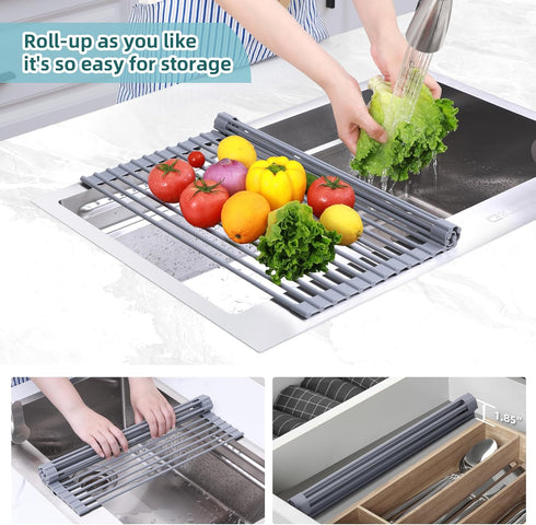 Ohuhu Roll Up Dish Drying Rack, Over The Sink Multipurpose Roll-Up Dish Racks, 16.5" W x 13" L Rolling Heat-Resistant Anti-Slip Silicone Coated Di...