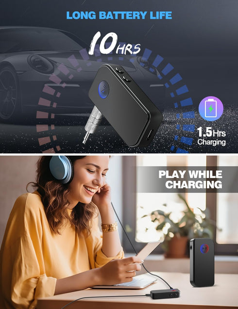 APEKX Bluetooth 5.3 Receiver for Car, Home Stereo, Speakers, and Headphones - 3.5mm Wireless Adapter with 10 Hours of Continuous Music Streaming a...