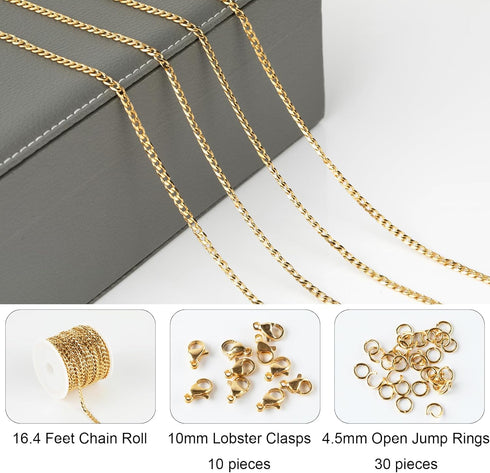 Jabogrii 16.4 Feet Gold Chain for Jewelry Making Stainless Steel Jewelry Making Chains Curb Cuban DIY Necklace Bracelet Flat Chain Findings...