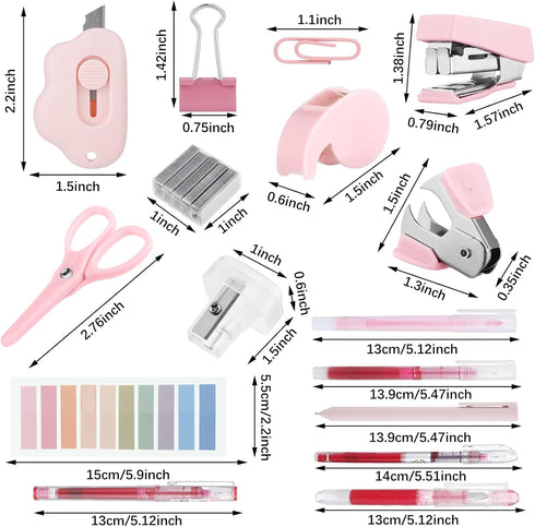 Mini Office Supply Kit Includes Stapler Tape Dispenser Staple Remover Paper Clips Scissor Staples Pen Sharpener Note Small Telescopic Knife for Of...