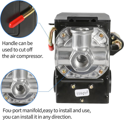 Air Compressor Pressure Switch Replacement LF10-4H with 95-125 PSI Range and 20A Rating, 4-Port...