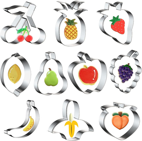 10PCS Fruit Cookie Cutters Set, Stainless Steel Fruits Shape Cookie Cutters Molds Pineapple, Strawberry, Pear, Lemon, Apple, Grape, Peach, Banana,...