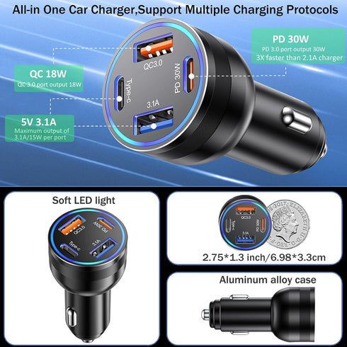 65W 4-Port USB C Car Charger Fast Charging,iPhone 15/15 Pro Max Car Charger Adapter,PD&QC3.0 Super Fast Type C Car Charger with 6FT USB C to C Cab...
