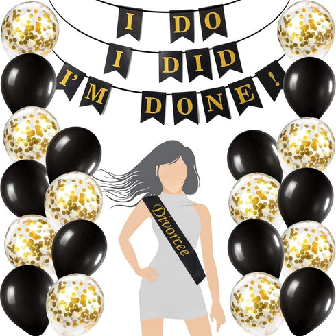 Divorce Party Decorations Kit | 10 Divorce Photo Booth Props | "I Do I Did I'm Done!" Banner | Divorcee Sash | 10 Gold Confetti Balloons and 10 Bl...