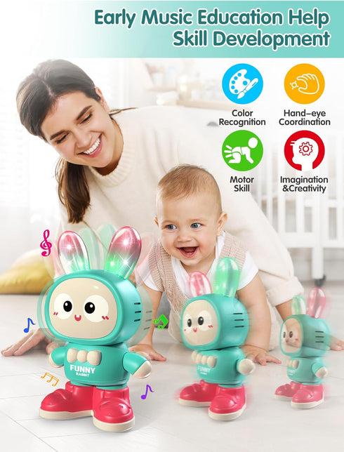 Crawling Rabbit Baby Toy Gifts, Infant Tummy Time Toys, Cute Dancing Walking Moving Babies Sensory Induction Rabbit with Light Up Music for 0-6 6-...