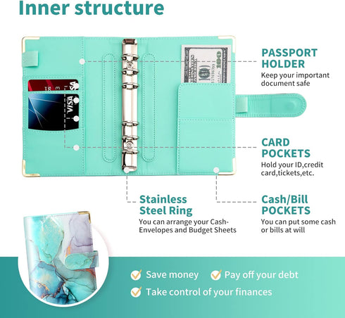 Budget Binder, A6 Marble PU Leather Binder, Money Organizer Budget Planner with 8 Zipper Cash Envelopes, 12 Expense Budget Sheets & 2 Letter Label...