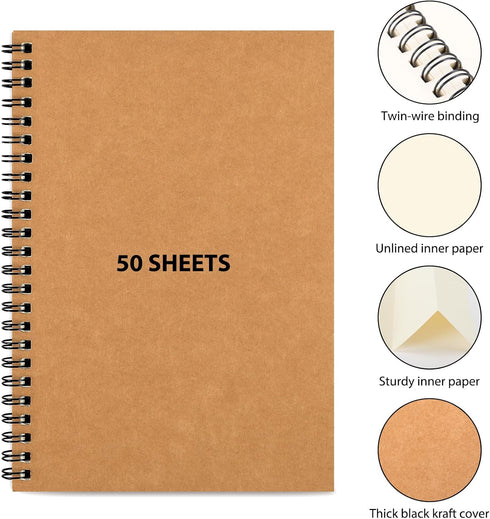 LABUK 7 Pack Blank Notebook 100 Pages Unlined Spiral Notebook Journal Bulk Sketch Books 8.3"x 5.5" Soft Cover Kraft Memo Notepads Diary Planner, 5...