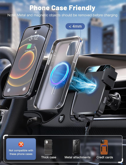 Wireless Car Charger, MOKPR Auto-Clamping Car Mount 15W/10W/7.5W Fast Charging Air Vent Car Phone Mount Compatible with iPhone 15/14/13/13 Pro/12 ...