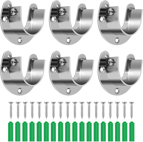 6-Pack Stainless Steel Closet Rod Brackets, U-Shaped Heavy Duty Flange Sockets for 1-1/4 Inch Rods, Rust-Proof Closet Rod Holders with 18 Screws &...