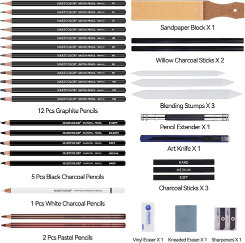 Drawing Sketching Pencils Set, 34 Pieces Pro Art Pencil Kit - Graphite Pencils (14B-4H), Charcoal Pencils, Charcoal Sticks, Artist Pencils for Beg...