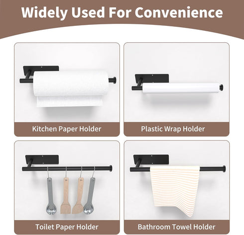 Paper Towel Holder Under Cabinet - Black Wall Mount Paper Towel Hanger, Stainless Steel, Self-Adhesive or Drilling, for Kitchen, Bathroom, RV...