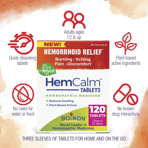 Boiron HemCalm Tablets for Hemorrhoid Relief of Pain, Itching, Swelling or Discomfort - 120 Count (Pack of 1)...