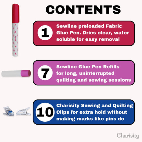 Glue Pens for Crafting Bundle, Sewline Glue Pen with 7 Sewline Fabric Glue Pen Refills and 10 Charisity Sewing Clips, Sewing Glue for Fabric, Foun...