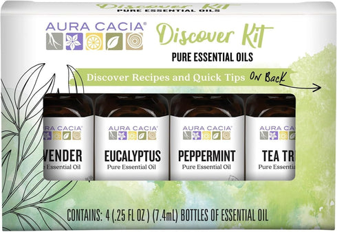 Aura Cacia Discover Essential Oils Kit, 4-Pack, Lavender, Eucalyptus, Peppermint & Tea Tree Oils, Excellent Starter Set...