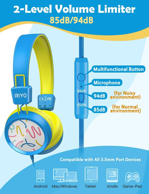 RIYO KH20 Kids Headphones with HD Microphone Compatible with Phones/laptops/Tablets/Computers and Gaming Devices (Sky Blue)...